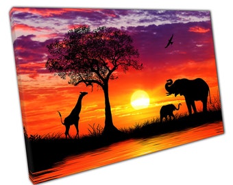 African sunset Elephant giraffe Canvas Wall Art print on canvas Picture for Home Office Decor