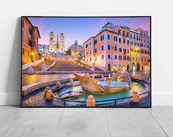 Spanish Steps In The Glow Of Twilight Water Fountain Rome Italy Famous Landmark Wall Art Print on Paper Framed Picture print