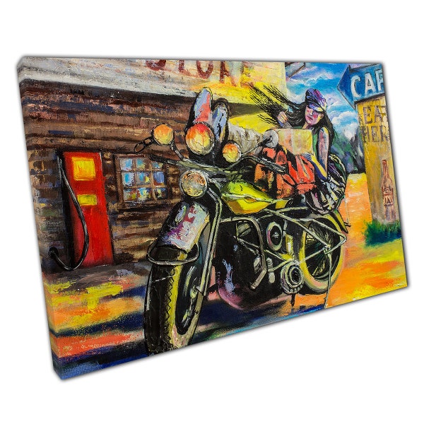 Biker At A Gas Station Textured Acrylic Painting Wall Art Print On Canvas Picture For Home Office Decor