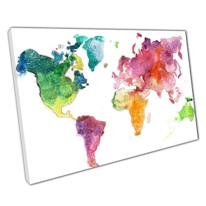 Aquarell Weltkarte Kunstdruck auf Leinwand - Helle, farbenfrohe Illustration für Ihr Zuhause oder Ihr Büro