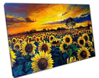 Sunflower Field Oil Painting with Dramatic Sky  Canvas Wall Art Print for Home  Office Decor
