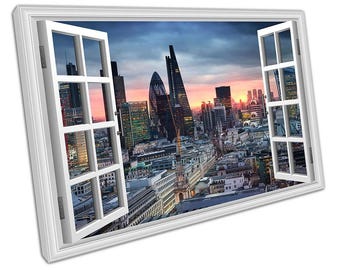 London Financial District zonsondergang canvas muurkunst - klaar om op te hangen kantoordecoratie aan huis