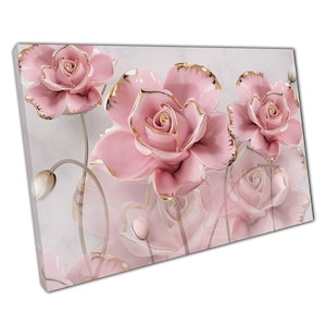 3D Pink Gold Roses Canvas Wall Art Print on Grey Marble  Elegant Home Office Decor