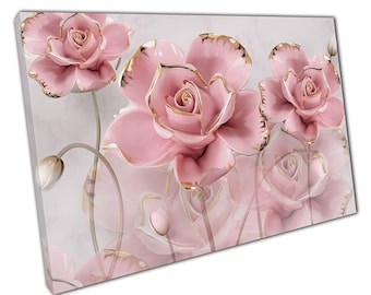 3D Pink Gold Roses Canvas Wall Art Print on Grey Marble  Elegant Home Office Decor