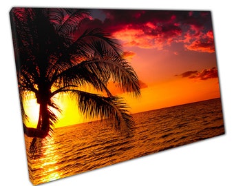 Stunning Sultry Sunset Seascape Rich Yellows Oranges Seashore Palm Tree Paradise Wall Art Print On Canvas Picture For Home Office Decor