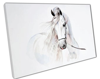 Stunning White Andalusian Horse Artwork Watercolour Painting Style Detailed Study Wall Art Print On Canvas Picture For Home Office Decor