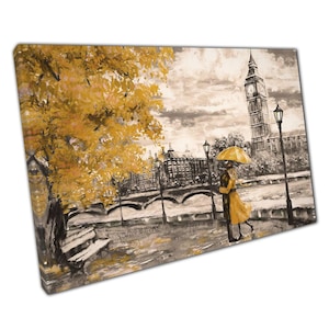 Big Ben Canvas Wall Art Print with Romantic Yellow Umbrella for Home Office Décor