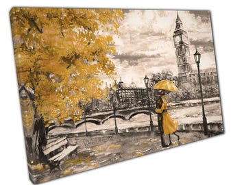 Big Ben Canvas Wall Art Print with Romantic Yellow Umbrella for Home Office Décor