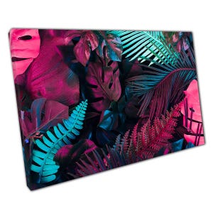 Vibrant Tropical Jungle Canvas: Pink, Blue & Teal Foliage Wall Art for Home or Office Decor