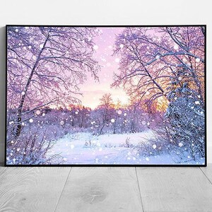 Purple Snow-Covered Woodland Forest Wall Art Print  Framed Winter Wonderland Picture