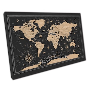 Vintage Style Black And Gold World Map Wall Art Print On Canvas Picture For Home Office Decor