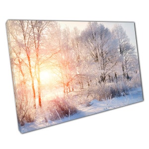 Sun Shining Through Snow Covered Frosty Trees Tranquil Forest Woodland Winter Nature Wall Art Print On Canvas Picture For Home Office Decor