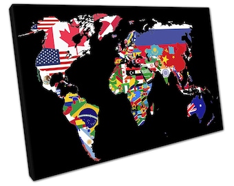 Carte des pays du monde faite à partir de drapeaux de nation prête à accrocher l'image d'impression d'art mural sur toile pour la décoration de bureau à domicile