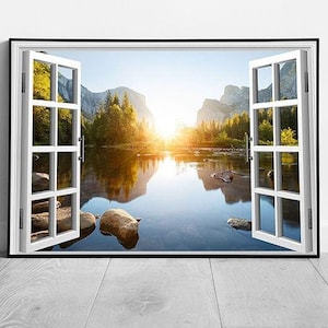 Window View Stunning Yosemite valley sunrise California USA Ready to Hang Wall Art Print Framed Picture print