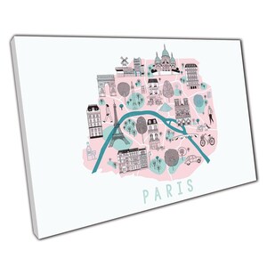 Toile illustrée carte pastel de Paris : oeuvre d'art murale originale pour la maison et le bureau - Impression unique de villes européennes