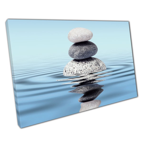 Pile de pierres zen relaxantes et paisibles dans l'eau avec reflet, impression d'art mural sur toile, image pour décoration de bureau à domicile