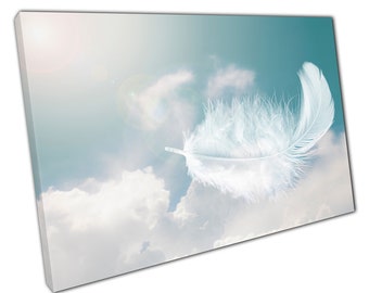 Soft Dreamy Feather Floating Through A Cloudy Sky On A Sunny Day Abstract Photography Wall Art Print On Canvas Picture For Home Office Decor