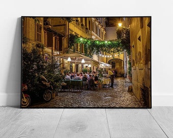 Secluded Restaurant In A Cosy Traditional Street In Trastevere Rome Italy At Night Wall Art Print on Paper Framed Picture print