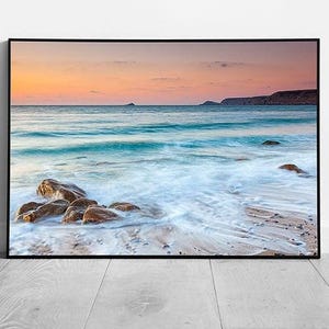 Sunset Over Sennen Village Cove Beach Penwith Coast of Cornwall England Wall Art Print on Paper Framed Picture print