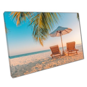 Coastal Seascape Canvas: Ocean View Lounge Chairs Beach Print for Home & Office Wall Decor