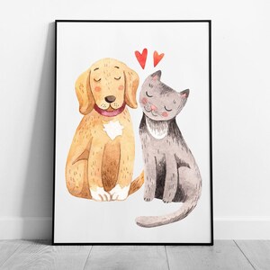 Cute Cartoon Dog And Cat Pet Best Friends Watercolour Illustration Wall Art Print on Paper Framed Picture print