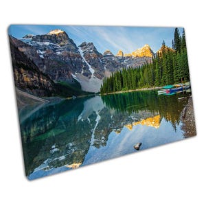 Moraine Lake Art Print with Boats  Rocky Mountains Canada  Ready to Hang Wall Decor for Home  Office