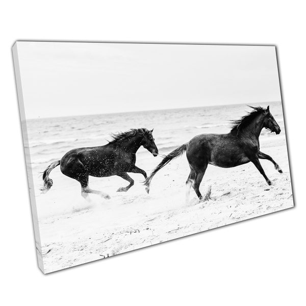 Deux chevaux courant le long du bord de la mer photographie noir et blanc impression d'art mural sur toile photo pour la décoration de bureau à domicile