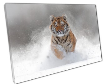 Endangered Powerful Siberian Tiger Running In The Thick Snowy Terrain Big Cat Wall Art Print On Canvas Picture For Home Office Decor