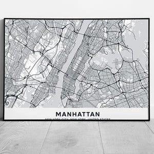 Schwarz weiße Stadtplan Kunstdruck - Manhattan Graustufen Navigation Minimalist Dekor