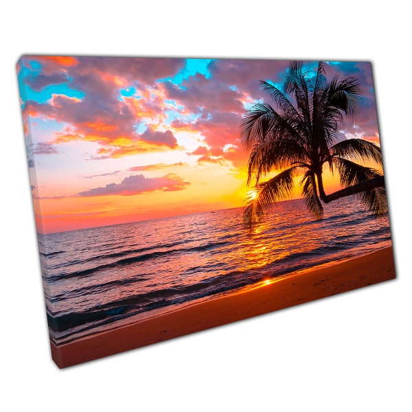 Palm Trees Against A Beautiful Tropical Sunset Seascape Relaxing Exotic Paradise Wall Art Print On Canvas Picture For Home Office Decor