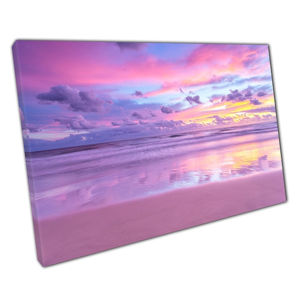 Beautiful Beach Sunrise Cotton Candy Pink Purple Clouds Paradise Seascape Skyline Wall Art Print On Canvas Picture For Home Office Decor
