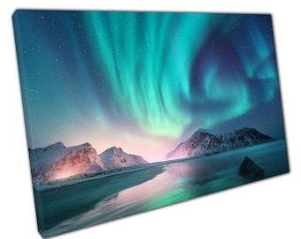 Aurora Borealis over zee en bergen Noorwegen Noorderlicht Lofoten eilanden Wall Art Print op canvas foto voor thuiskantoor decor