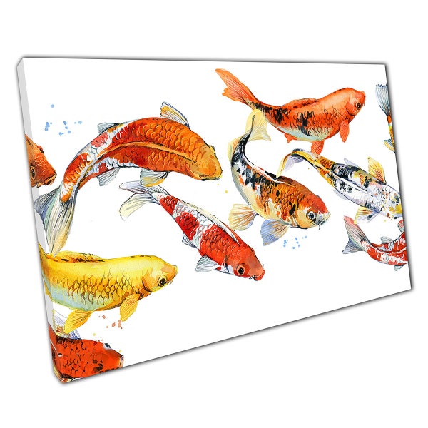 Group Of Koi Carp Fish Swimming Together Watercolour Illustration Painting Style Wall Art Print On Canvas Picture For Home Office Decor