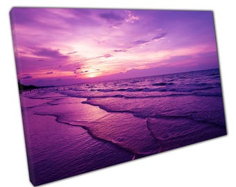 Paarse zonsondergang strand canvas muurkunst print voor thuiskantoorinrichting