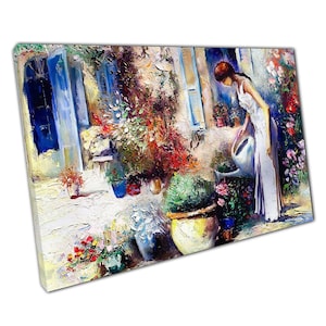 Elegant Woman in Garden Oil Painting - Classic White Dress Canvas Art for Home and Office Decor