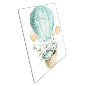Whimsical Bunny Watercolor Canvas Print - Hot Air Balloon Nursery Decor for Kids Room