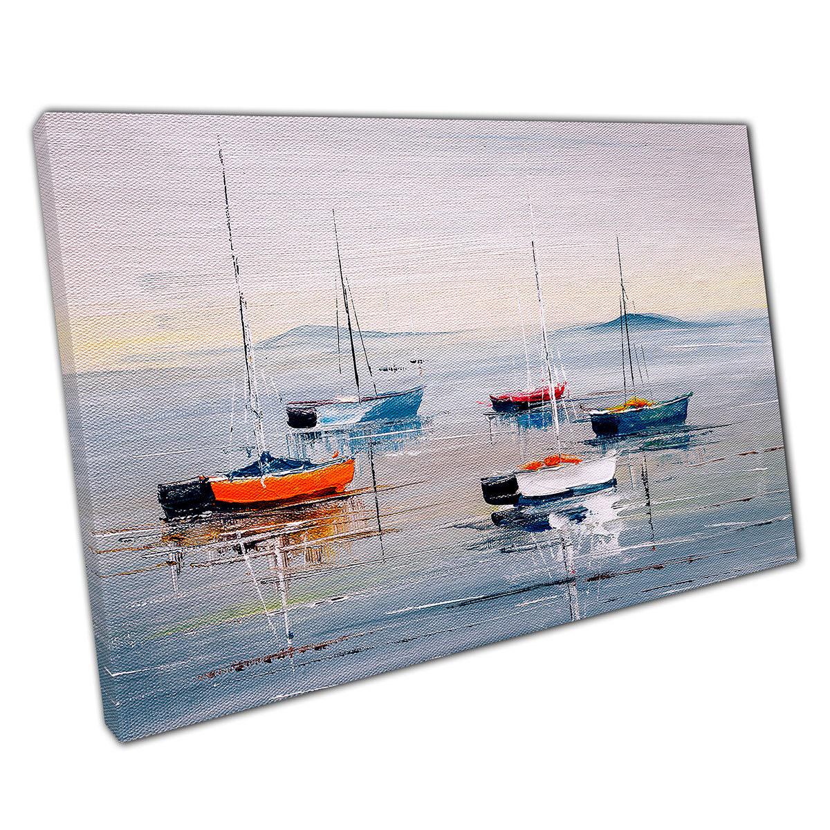 Serene Sailing Boats Oil Painting Canvas Print: Neutral Toned Coastal Art for Home & Office Decor
