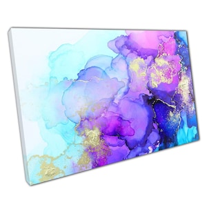 Arte de parede abstrata com tinta de álcool vibrante: impressão em tela azul, roxa e dourada para decoração moderna de casa