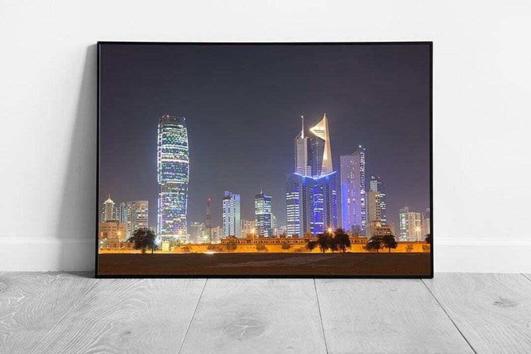 Kuwait Decor Illuminated Kuwait City Nightscape Middle East Wall Art Print Framed ...