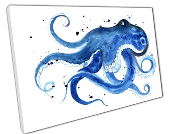 Vibrant Watercolour Splatter Style Blue Octopus Swirling Tentacles Abstract Sea Life Wall Art Print On Canvas Picture For Home Office Decor