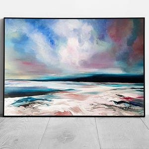 Abstract Beach Wall Art Print  Cold Toned Minimalist Brushstroke Design  Framed Textured Artwork