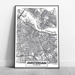 Amsterdam Schwarz-Weiße Minimalistische Karte Wand Kunst Druck - Mit Rahmen