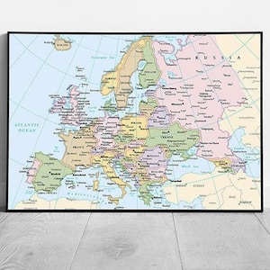 Carte des villes d'Europe, bleu clair, carte, art de l'océan, impression d'art mural prête à accrocher, encadrée
