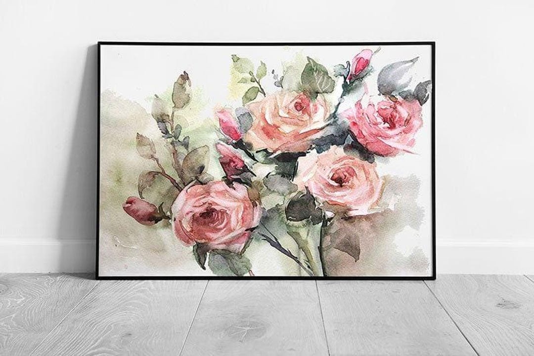 Blush Pink Rose Bouquet Watercolour Wall Art Print - Framed Romantic ...