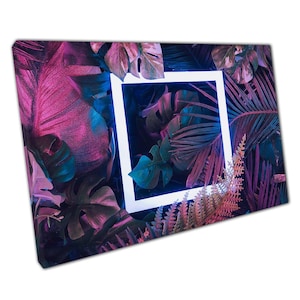Vibrant Tropical Jungle Canvas: Fluorescent Square & Exotic Foliage Wall Art for Home or Office
