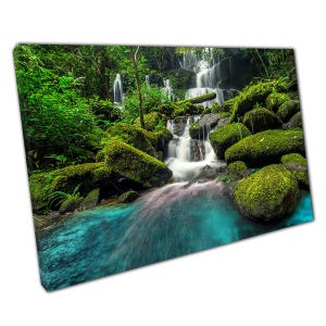 Jungle Waterfall Canvas Art: Mossy Green Phu Tub Berk Mountain Landscape for Home & Office Decor