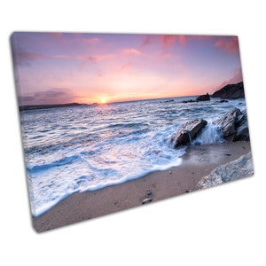 Beautiful Ocean sunset Little Fistral Beach Newquay Ready to Hang Wall Art Print Picture For Home Office Decor