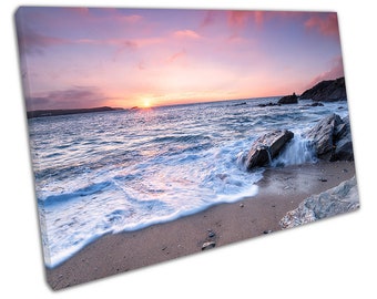 Beautiful Ocean sunset Little Fistral Beach Newquay Ready to Hang Wall Art Print Picture For Home Office Decor