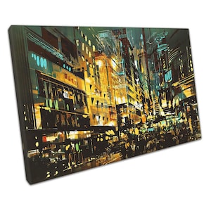 Vibrant Green Yellow Cityscape Night Scene Wall Art Print for Home Office Decor, Ready to Hang