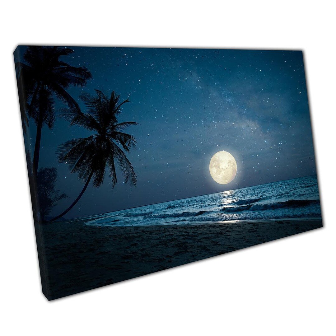 Exotic Full Moon Beach Canvas Print: Tropical Palm Trees Night Sky Wall ...